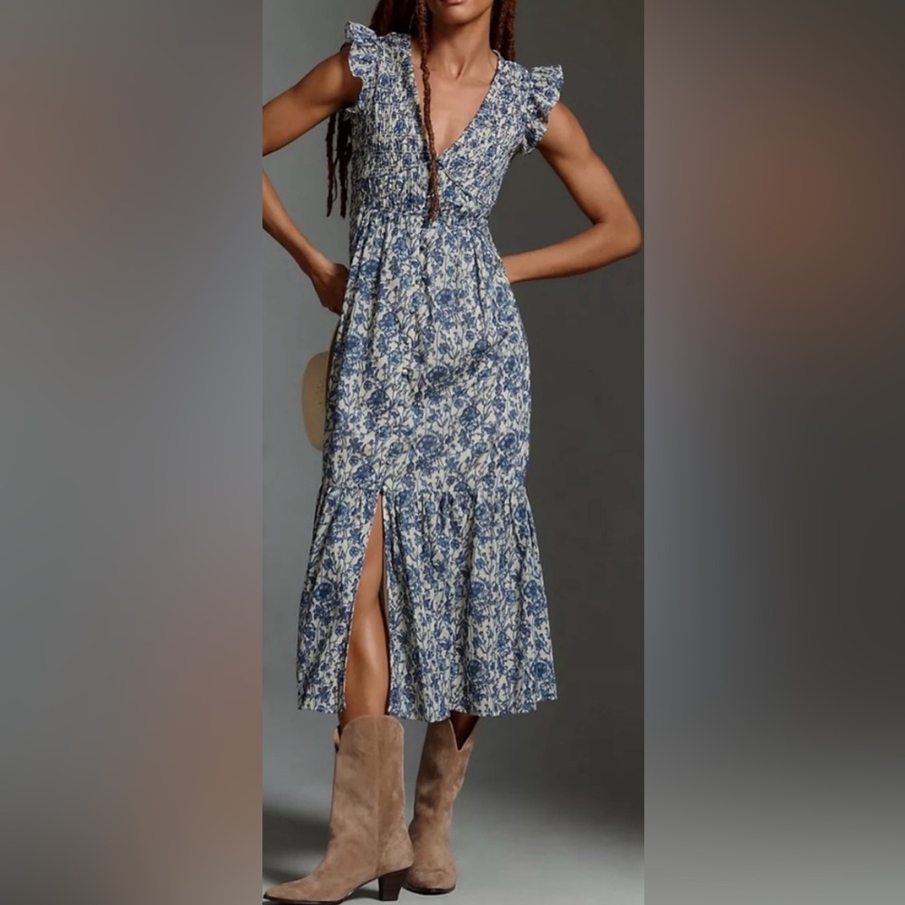 Anthropologie Blue and White Floral Midi Dress
